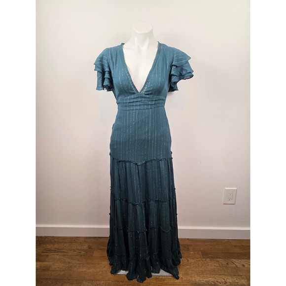Cleobella Dresses & Skirts - Cleobella Teal Green Metallic Silver Pinstripe Tiered Maxi Dress XS Open Back